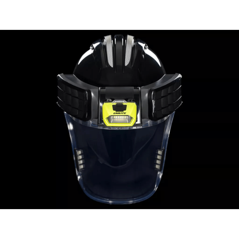 JSP Powercap Infinity HEPA Full Face Respirator front view black in colour with yellow head torch attached on black background