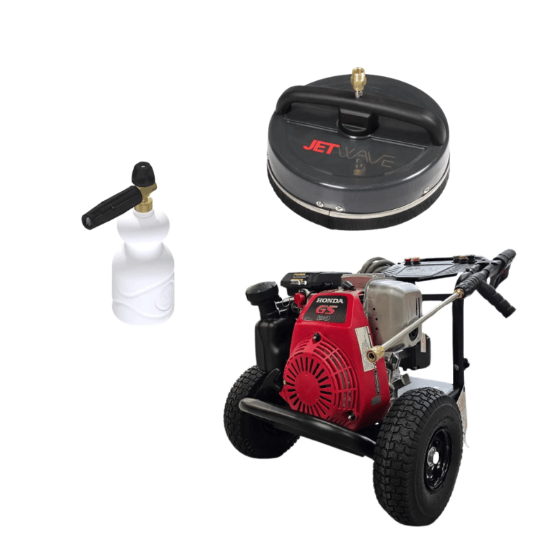 Jetwave Black GS pressure washer with a flat surface floor cleaner tool and nozzle foamer kit on a blank white background. 