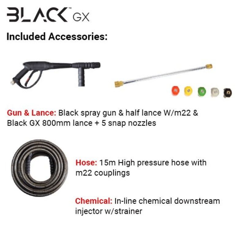 Black GX pressure washer accessories including a spray gun, lance, hose, and chemical injector on a white background.
