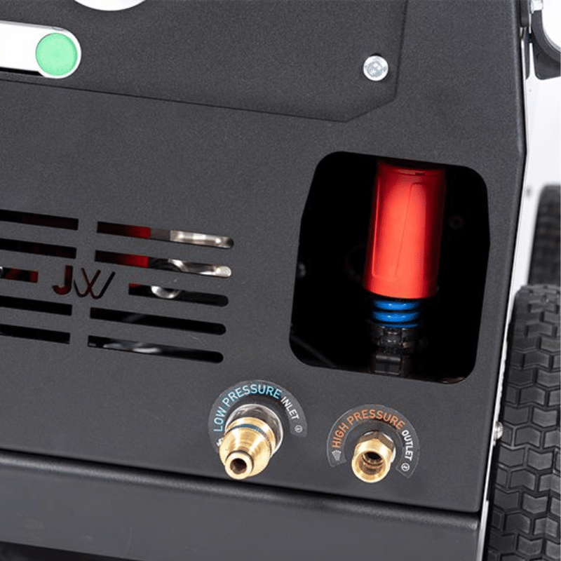 Jetwave Cadet G2 200-30 Cold Water Electric Pressure Cleaner with high and low pressure inlet connectors on a black background