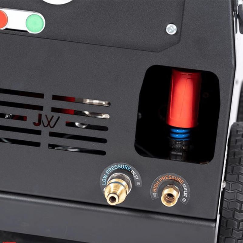 Jetwave Cadet G2 280-15 Electric Cold Water Pressure Cleaner close up image of the inlet and outlet valves