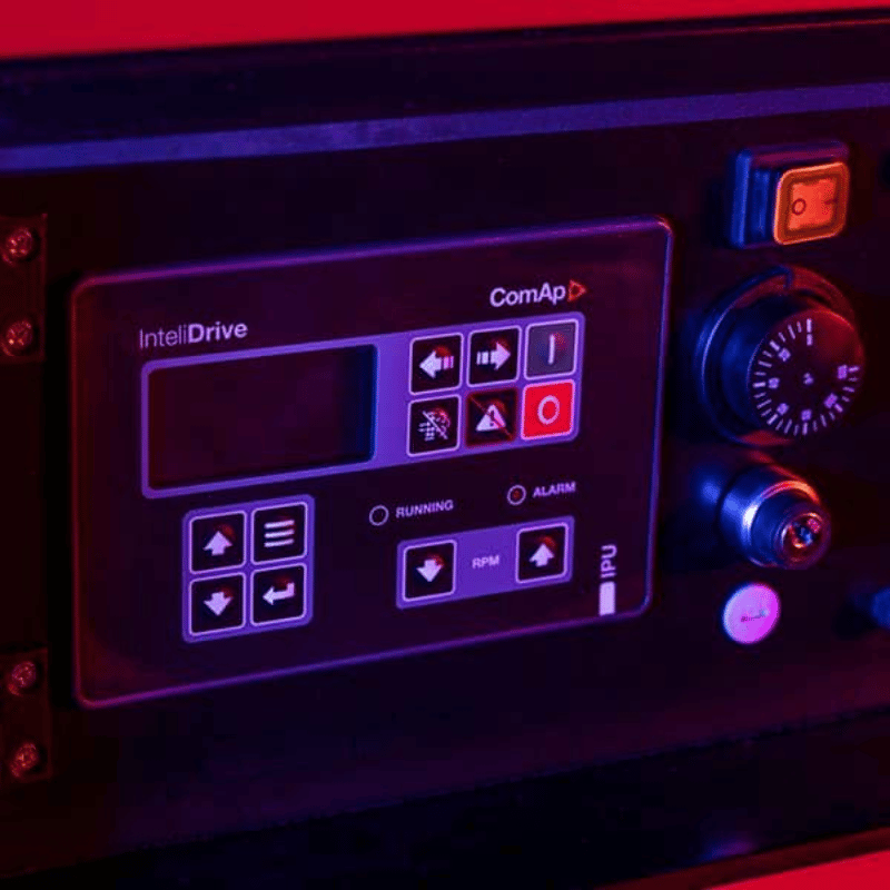 Jetwave Executive Silent 280-31 Hot Water Diesel Pressure Cleaner control panel with digital display and buttons, illuminated by purple and red lights.