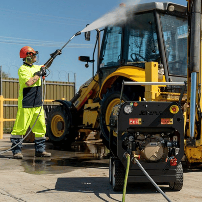 Jetwave Hornet G2D 210-15 Diesel Powered Pressure Cleaner lifestyle action shot - man using jetwave hornet to clean yellow bulldozer