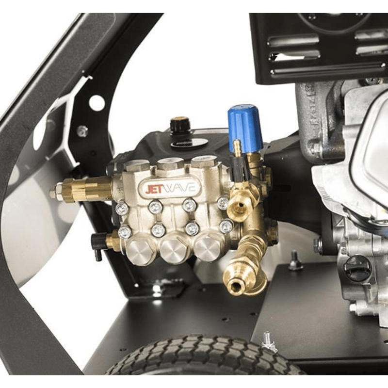 Close-up of a high-pressure washer pump with 'JET WAVE' branding on a white background.