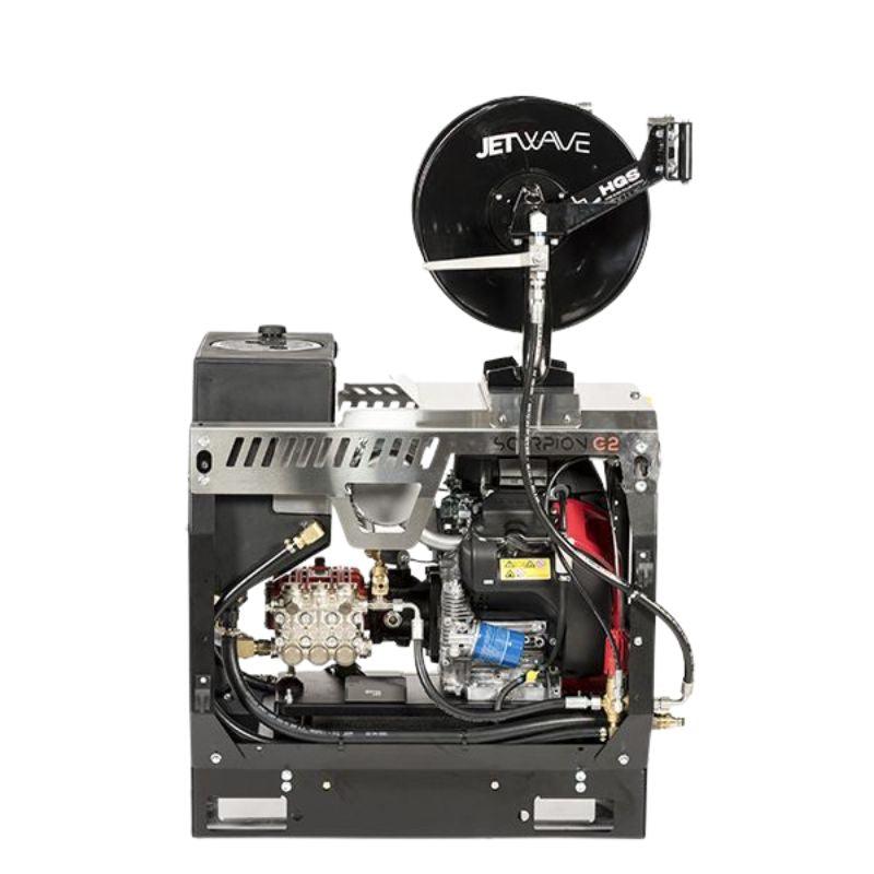 Jetwave Scorpion G2FI 275-20 Cold water pressure cleaner with mounted hose reel, engine and pump visible, on a white background.