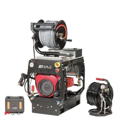 Jetwave pressure cleaner unit with mounted hose reel, spray gun, and accessories on a white background.