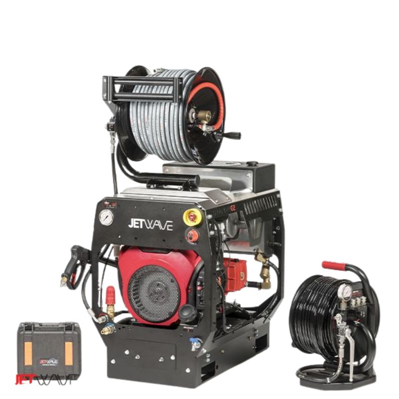 Jetwave pressure cleaner unit with mounted hose reel, spray gun, and accessories on a white background.