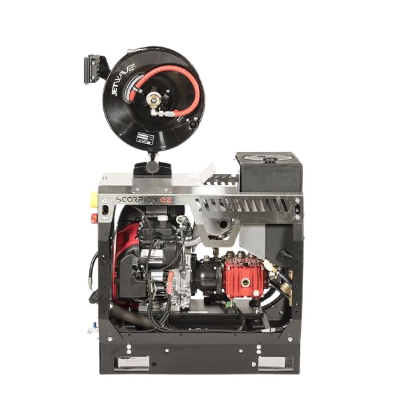 Jetwave Scorpion G2FI 275-20 Cold water pressure cleaner  with mounted hose reel, engine and pump visible on the top.