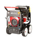 Jetwave high-pressure petrol washer with red engine, steel frame, and push handle on white background.