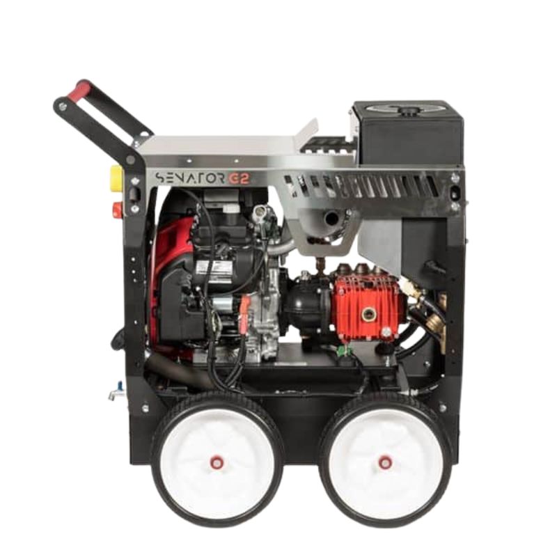 Jetwave petrol pressure cleaner on a wheeled trolley with red engine, control panel, and heavy-duty frame on a white background.