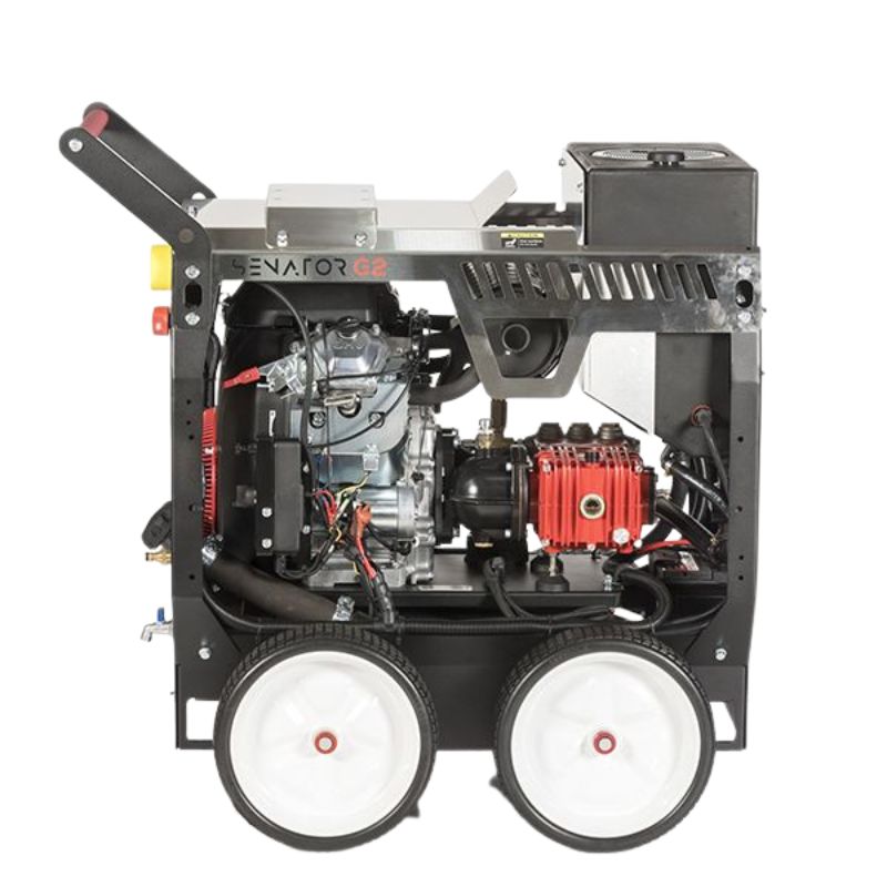 Jetwave Senator G2 JX 350-23 Cold Water Petrol Pressure Cleaner other angle view of the machine with wheels and machine.