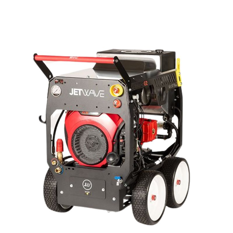 Jetwave Senator G2 petrol pressure cleaner unit on a wheeled trolley, back view on a white background.
