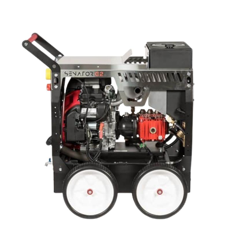 Jetwave Senator G2 petrol pressure cleaner unit on a wheeled trolley, right side view on a white background.