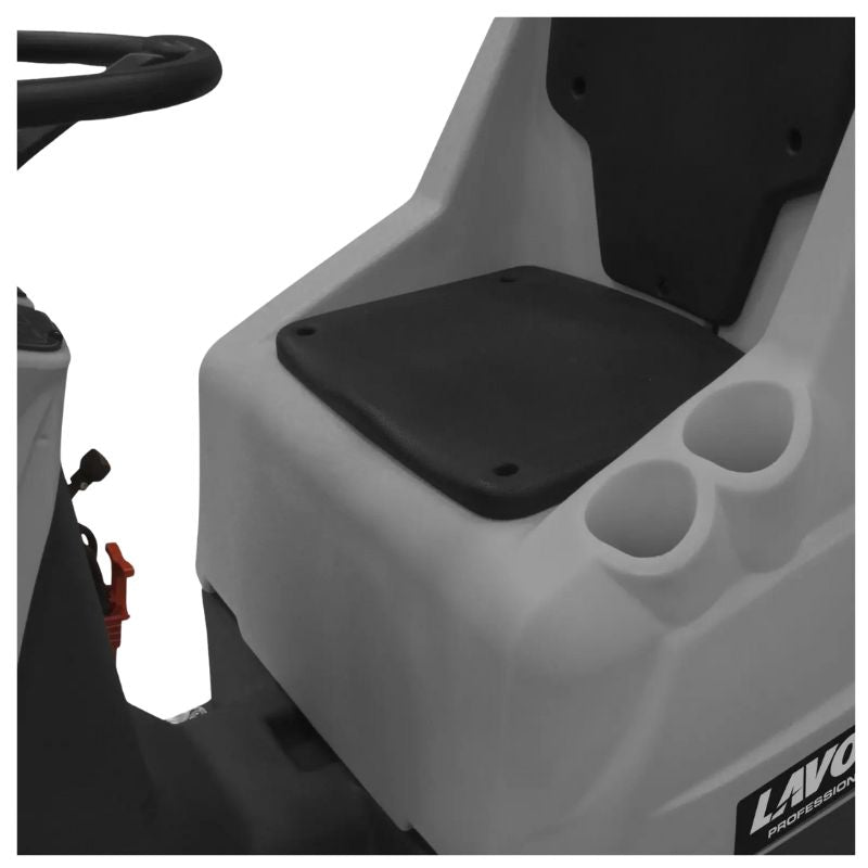 Operator seat and storage cup holder area on Lavorwash ride-on floor scrubber