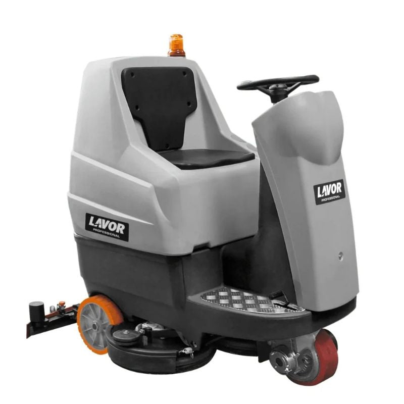 Lavorwash ride-on floor scrubber full machine view with brush deck front view.