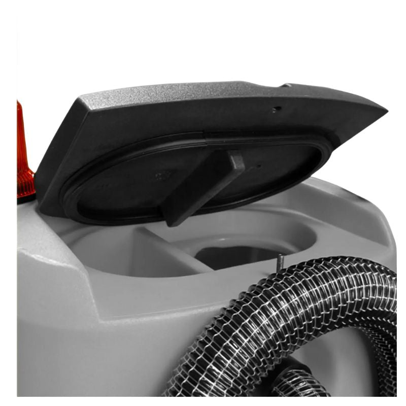 Open the recovery tank lid and drain hose area on Lavorwash ride-on scrubber