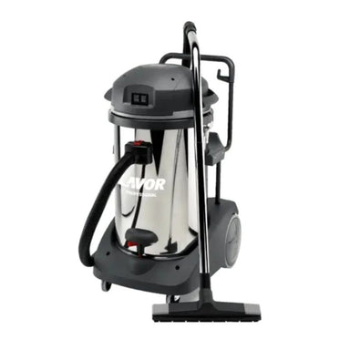 Lavowashl wet and dry vacuum cleaner with stainless steel tank, wheeled base, and floor nozzle attachment.