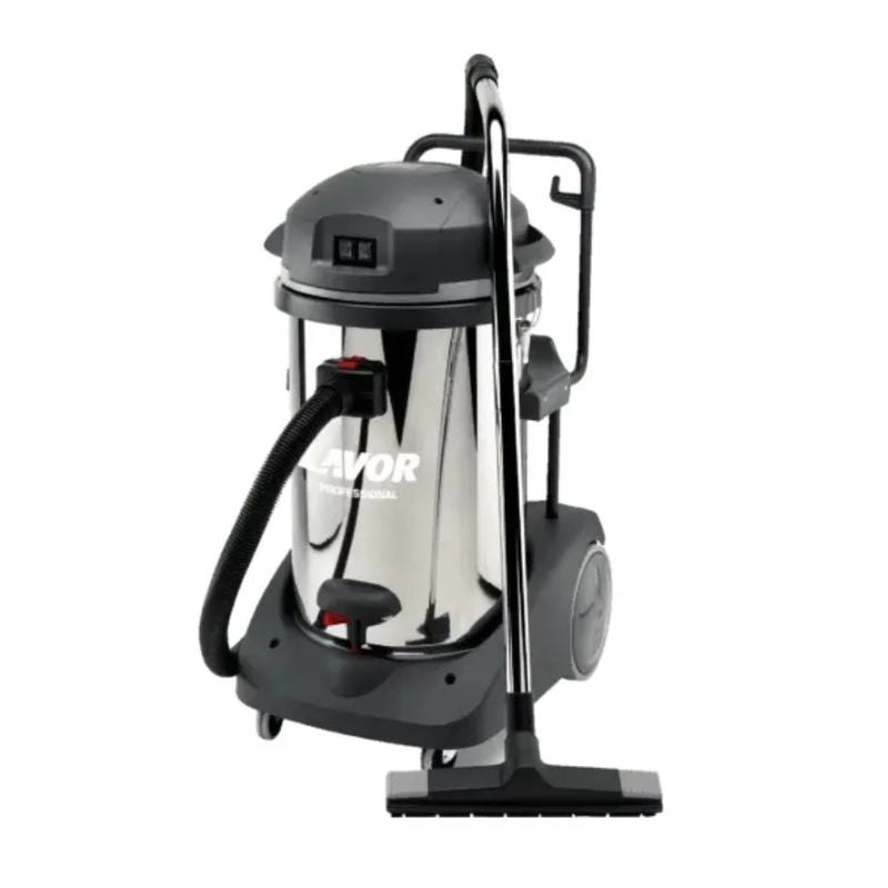 Lavowashl wet and dry vacuum cleaner with stainless steel tank, wheeled base, and floor nozzle attachment.