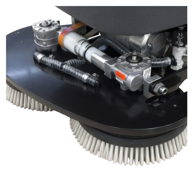 Close-up of scrubber brush deck underside and component assembly