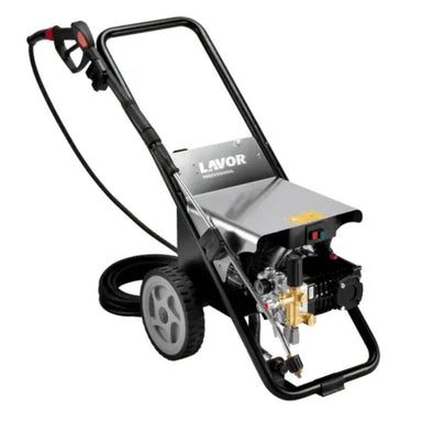 Lavor Professional industrial pressure washer with wheeled frame, high-pressure hose, spray gun, and stainless steel protective cover.