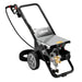 Lavor Professional industrial pressure washer with wheeled frame, high-pressure hose, spray gun, and stainless steel protective cover.