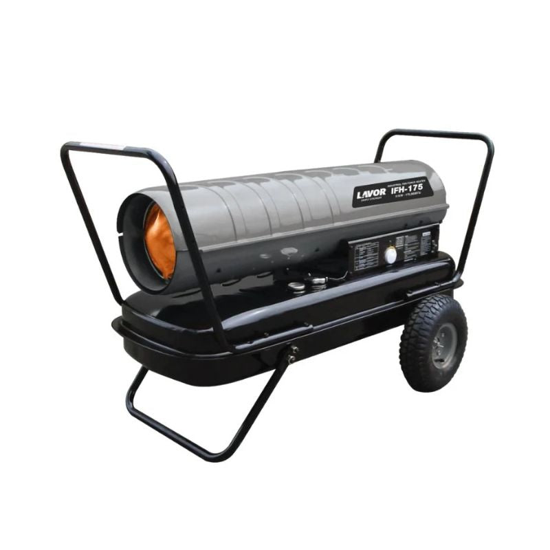 Lavorwash IFH-175 diesel space heater with tubular barrel, wheeled frame, and carry handles on a white background.