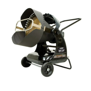 Lavorwash IRH-125 industrial radiant diesel heater on a wheeled trolley with adjustable directional head.