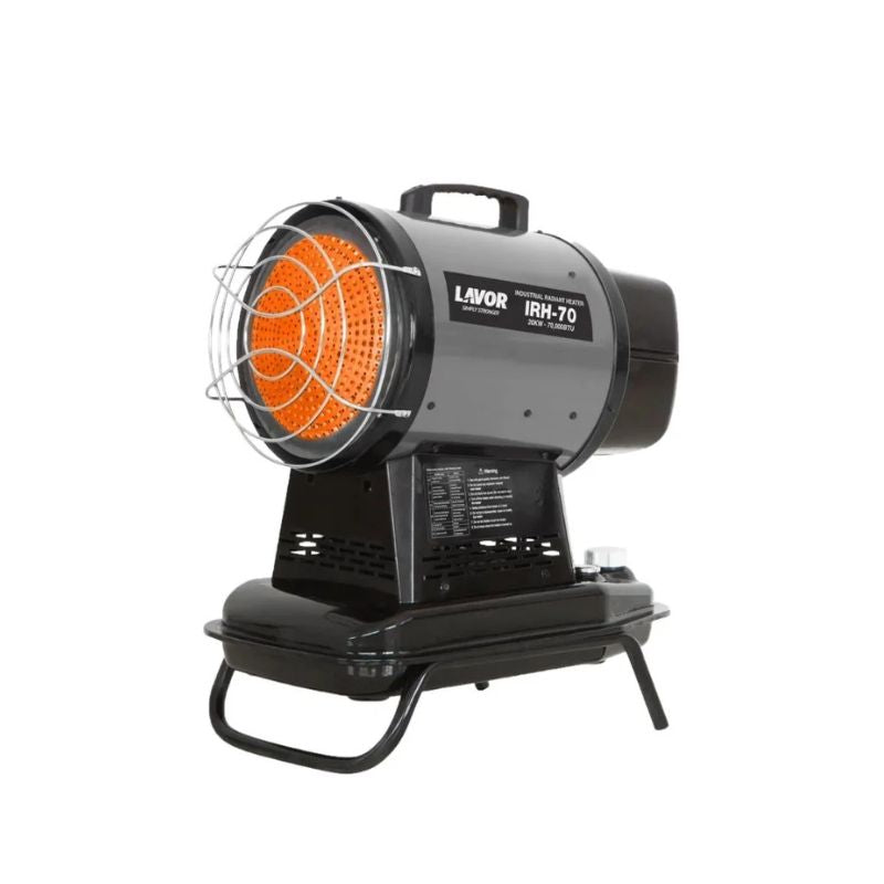 Lavorwash RH-70 industrial radiant diesel heater with protective front grill and fuel tank base on a white background.