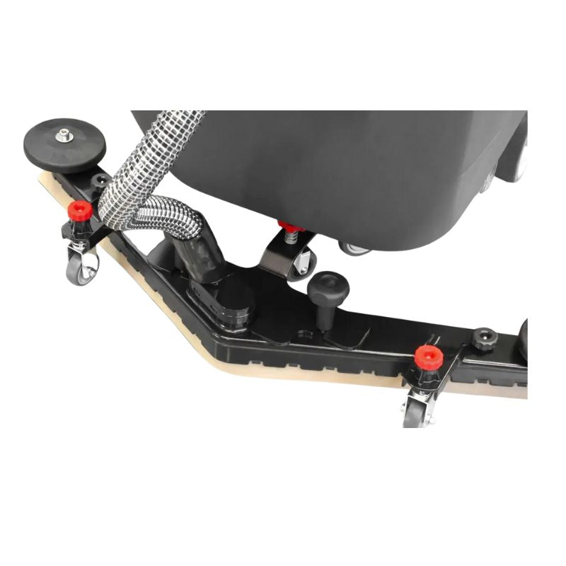 Lavorwash SCL50B Walk Behind Floor Scrubber Close-up of a walk-behind floor scrubber squeegee assembly with vacuum hose, caster wheels, and rear recovery tank.