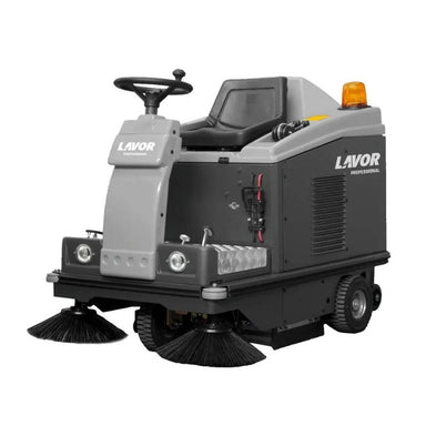 Lavor SWL1000ET ride-on floor sweeper, full machine view with dual side brushes