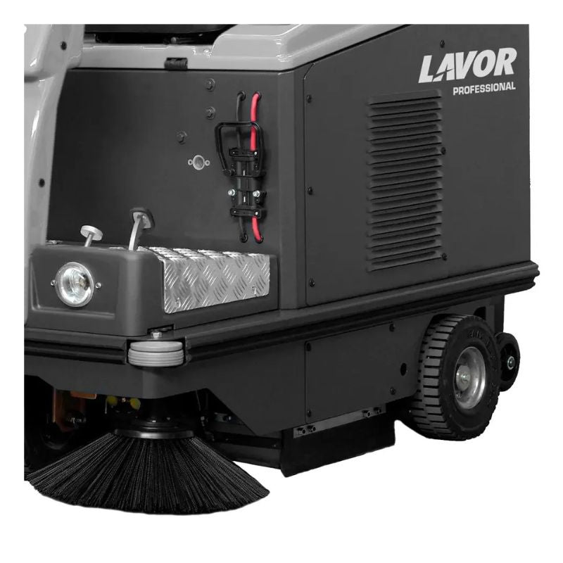Rear-side angle of Lavorwash SWL1000ET ride-on sweeper showing brush and body detail