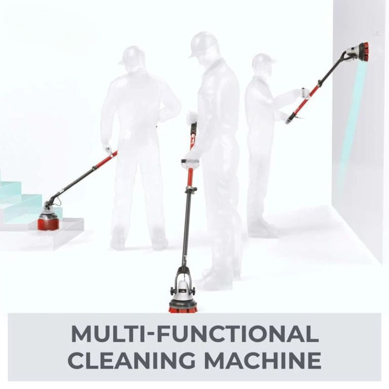 Motorscrubber Medium Length Floor Scrubber Men using motorscrubbers on the side of the building.