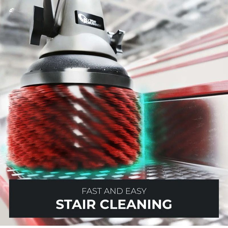 Motorscrubber Medium Length Floor Scrubber Close-up of a Motorscrubber brush head scrubbing metal stair treads on an industrial staircase.