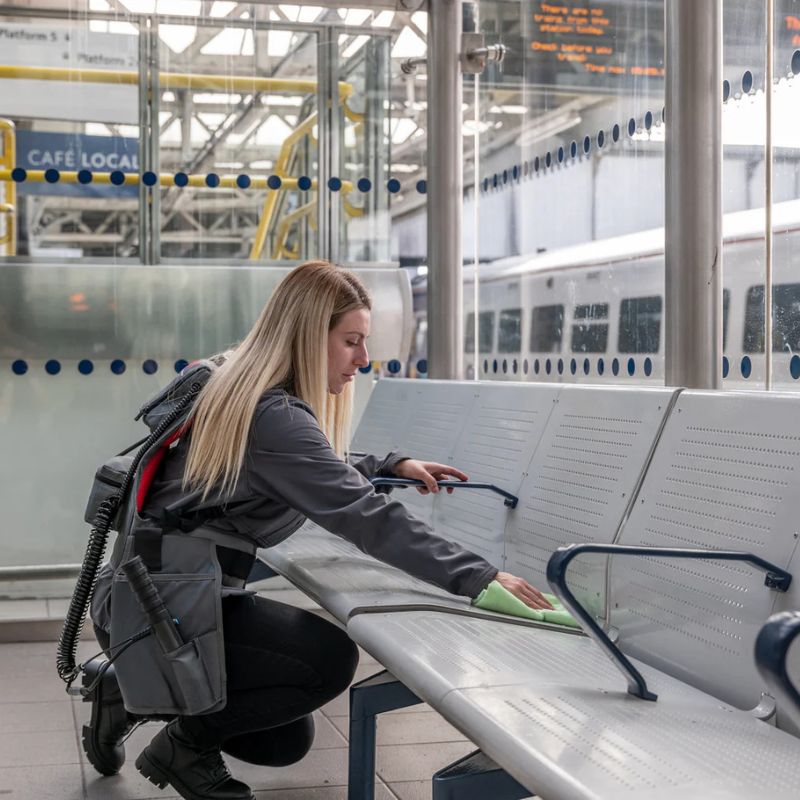 Motorscrubber Storm Wand Backpack Disinfectant Sprayer women use it on the seats.
