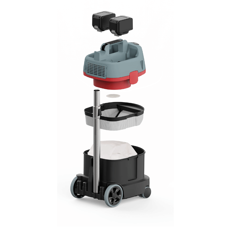 SPRiNTUS ERA iGO Cordless Canister Vacuum Cleaner broken down showing filters on white background 