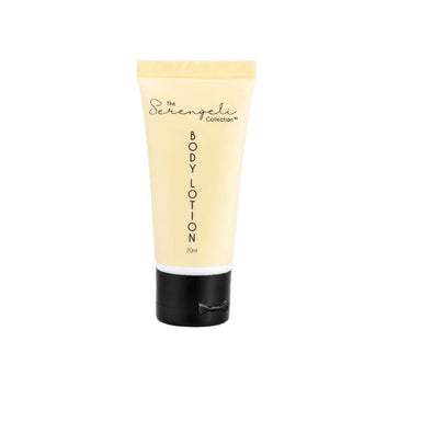 Serengeti Collection 20ml body lotion in a pale yellow tube with a black flip-top cap, featuring the Serengeti brand logo and vertically printed body lotion label, isolated against a plain white background.