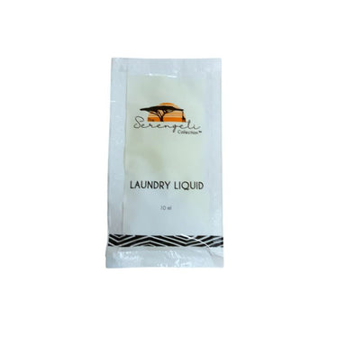 Serengeti Collection laundry liquid 10 ml sachet in a light blue and white packet, featuring the Serengeti logo, “LAUNDRY LIQUID” text, and a black geometric stripe along the bottom