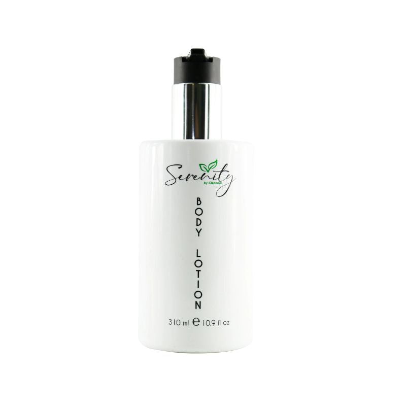 Serenity 310ml body lotion bottle featuring a white cylindrical container, black pump dispenser, metallic silver neck, and Serenity logo with a vertical body lotion label