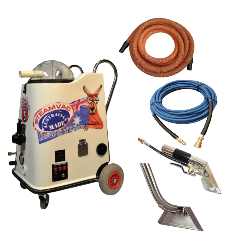 SteamVac Avenger HP 1600 Steam Cleaner with two hoses and two floor tools on a blank white background