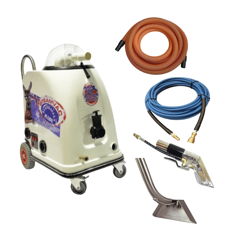 SteamVac Max 220 Steam Cleaner With Sizzler Inline Heater with attachments beside machine on a blank white background. 