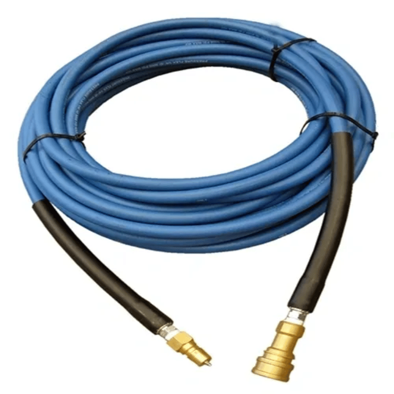 Blue and black coloured Steamvac 7.5 metre solution hose on a blank white background