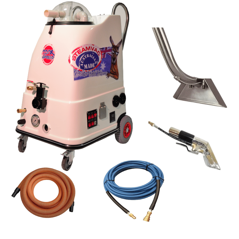 Steamvac Max HP Apollo 1600 Carpet Extractor with accessories on a blank white background. 