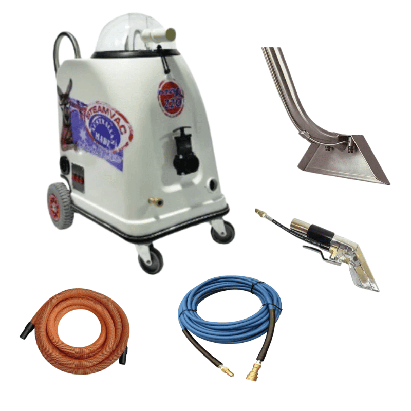 Steamvac Max 220 Carpet Extractor with floor tool, upholstery tool, and hoses on a blank white background. 