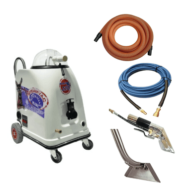 Steamvac Max 220 Steam Cleaner with hoses and attachments on a blank white background. 
