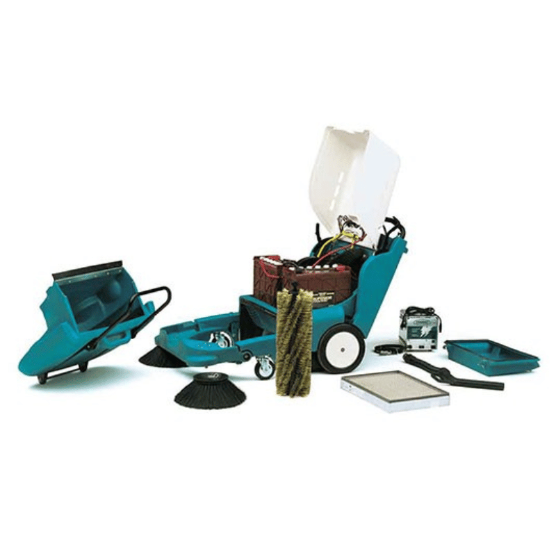 Tennant 3640 Walk Behind Floor Sweeper pulled apart showing visible components on a blank white background