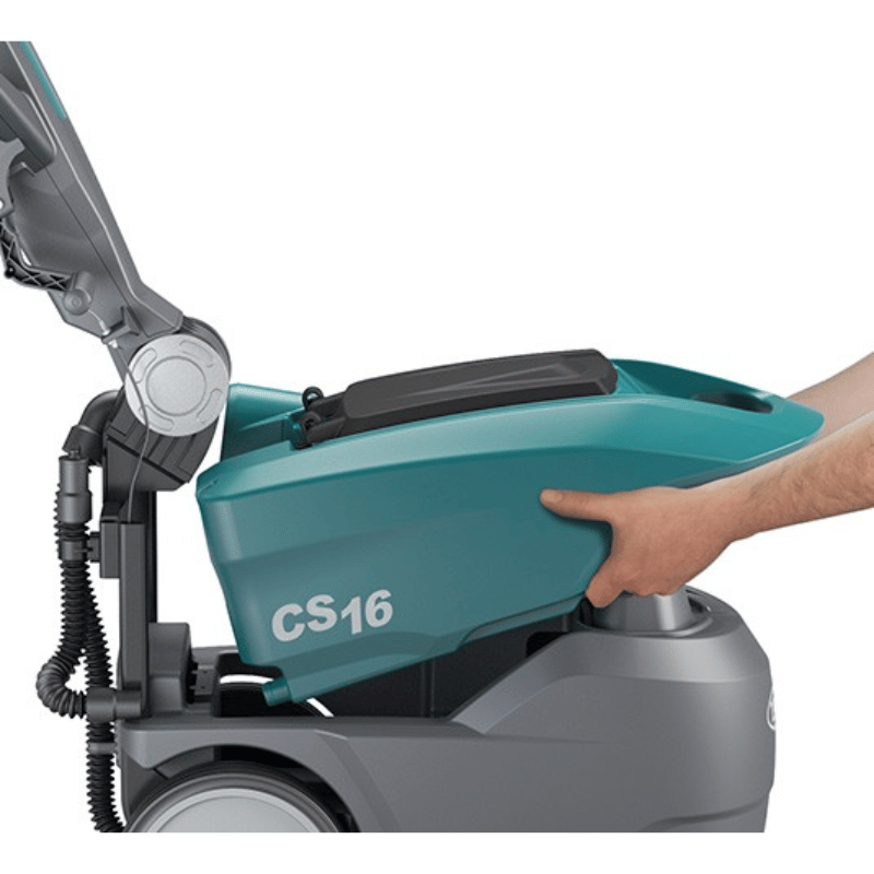 Tennant CS16 Micro Floor Scrubber detachable waste tank being taken off by a person on a white background 