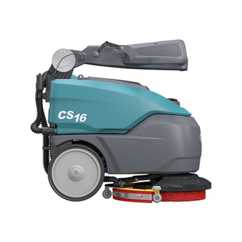 Tennant CS16 Micro Floor Scrubber side view folded for storage on white background