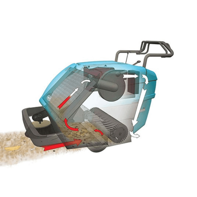 Cross-sectional view of a Tennant S10 Battery Walk Behind Floor Sweeper on a white background