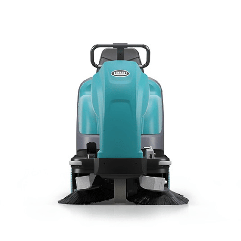 Tennant S680 Compact Ride On Floor Sweeper front view on a white background