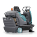 Tennant S680 Compact Ride On Floor Sweeper rear angle view on a white background